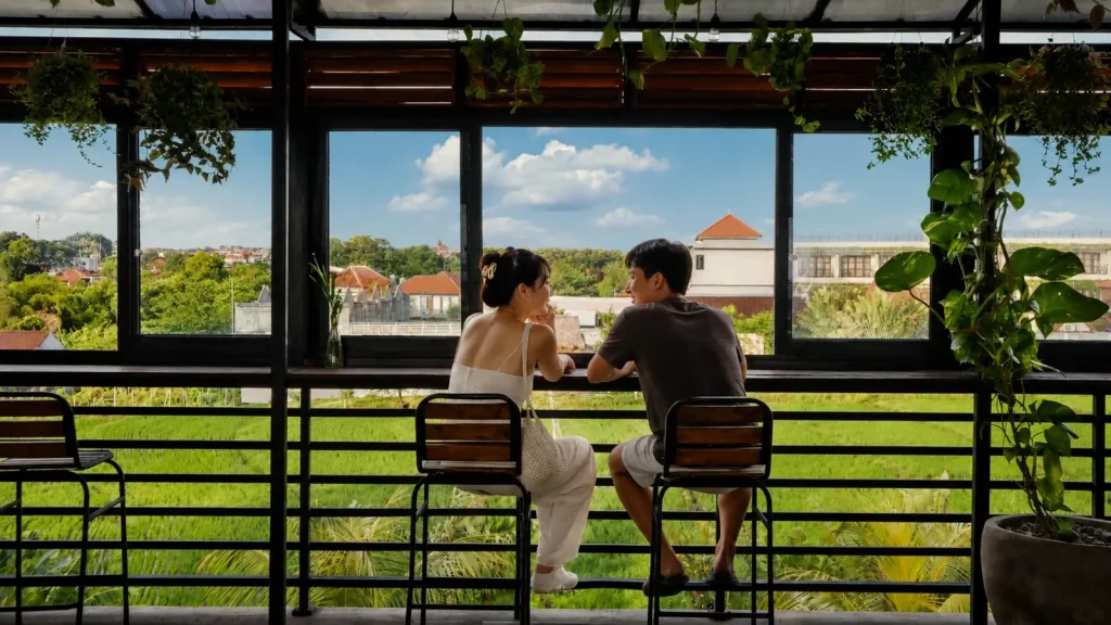 Two guests at the Eatery's bar counter, looking out over the rice fields
