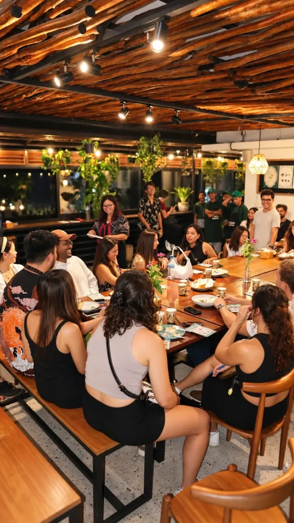 Members chatting around long tables at PUCOEatery in the evening