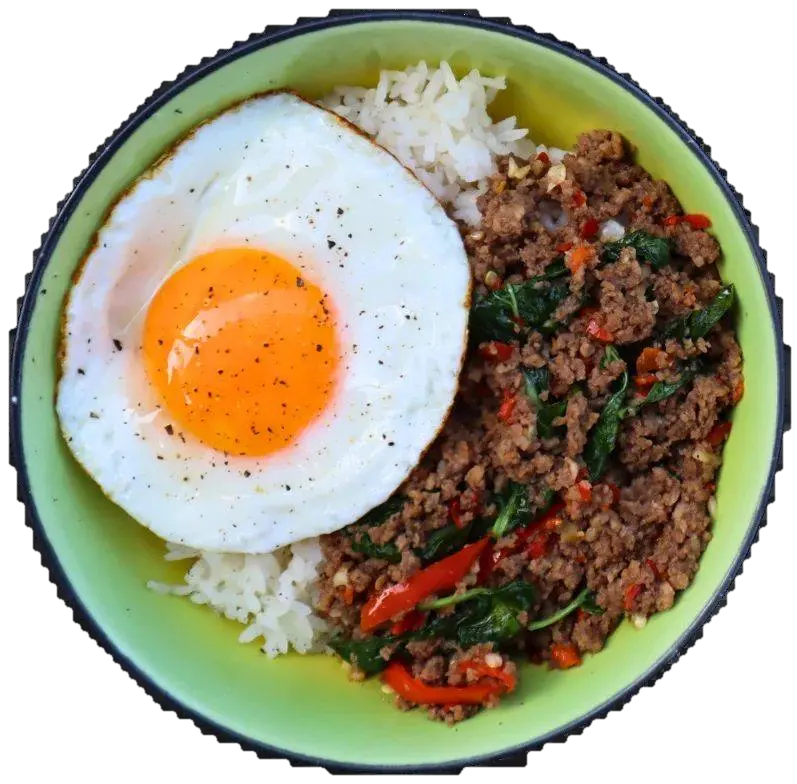 Pad kra pao beef with rice and a fried egg