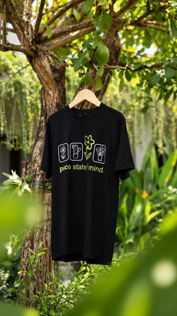 A black PUCO State of Mind T-shirt hanging from a garden tree