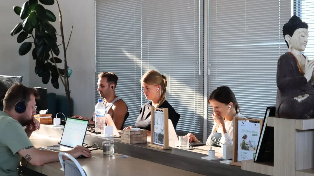 Members working side by side at the long counter by the window blinds