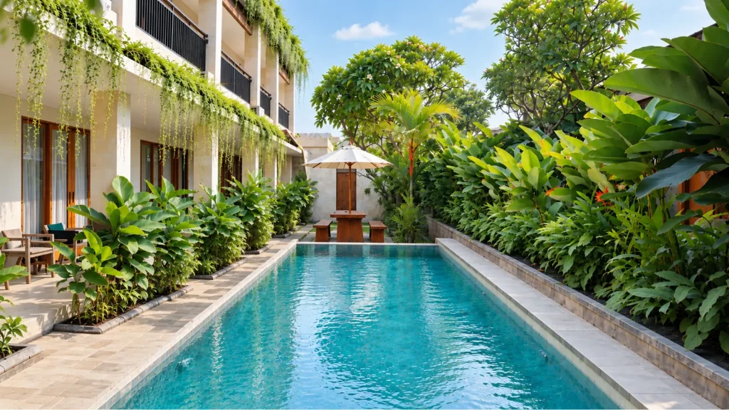 Puri Canggu Residence private pool surrounded by lush tropical gardens and villa suites