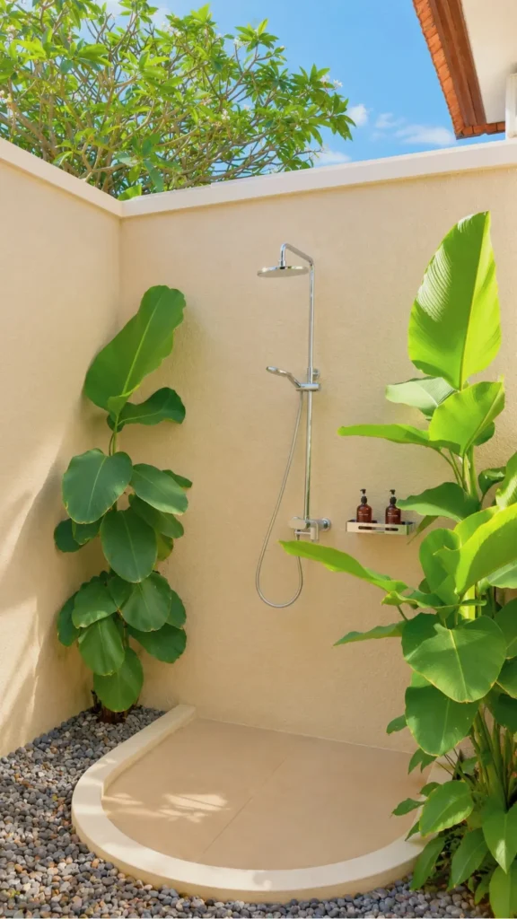 Outdoor rain shower among banana plants
