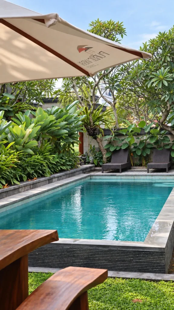 Swimming pool framed by frangipani trees and a parasol