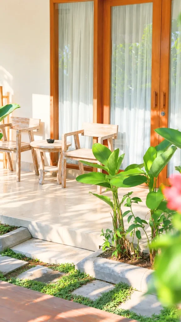 Room terrace with wooden chairs in morning light